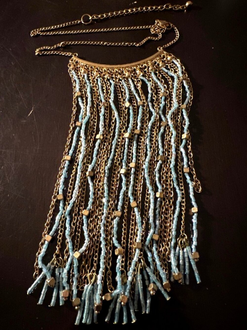 Coastal Boho Statement Fringe Bib Necklace Blue Tassel Beads Carol Dauplaise - Picture 7 of 11